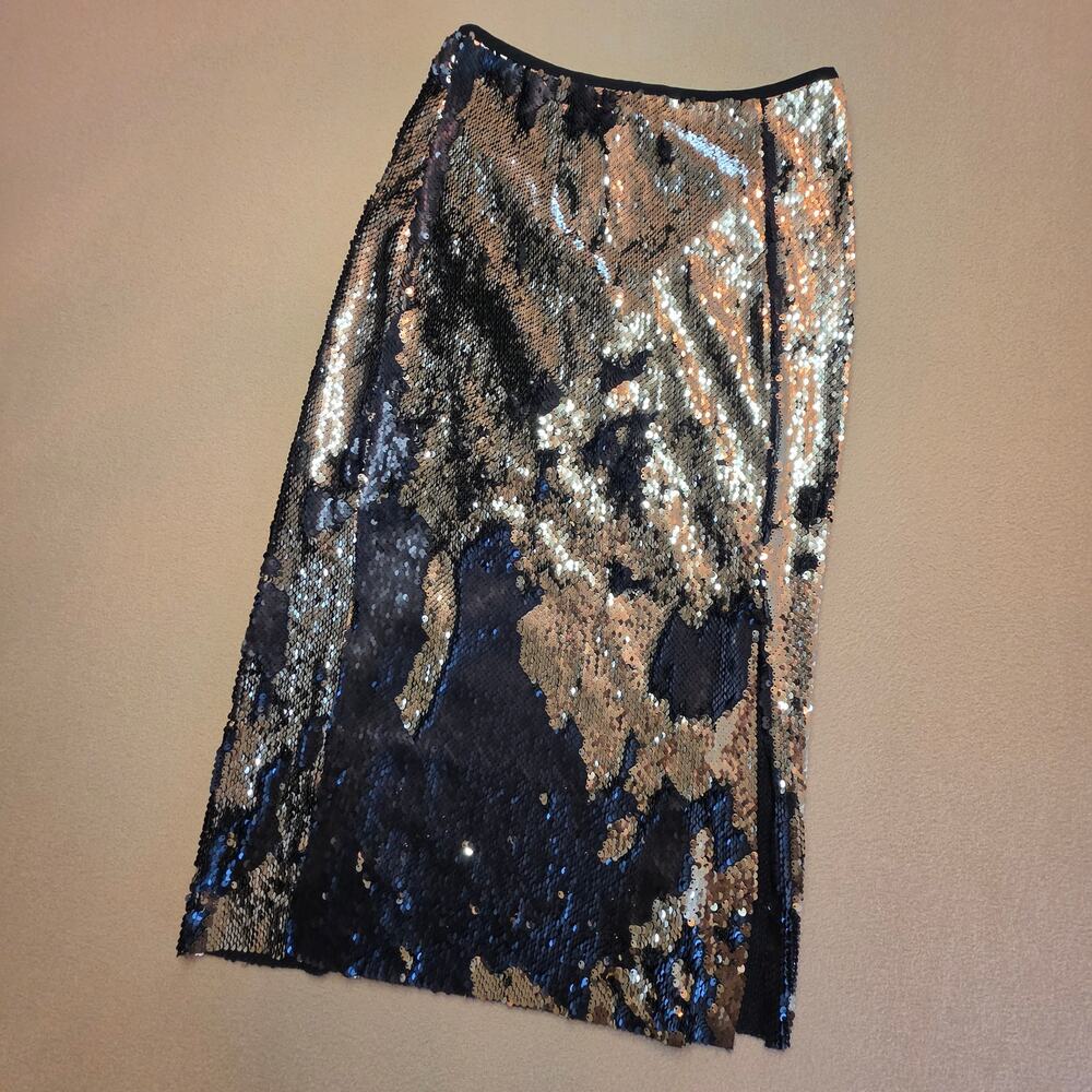 Zara Basic Gold & Black Sequin Straight Pencil Midi Skirt with Slit Sz Small NWT